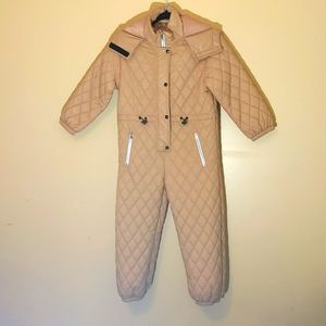 Sela| Tan Unisex Onesie Snowsuit buttoned and zippered with zippered pockets